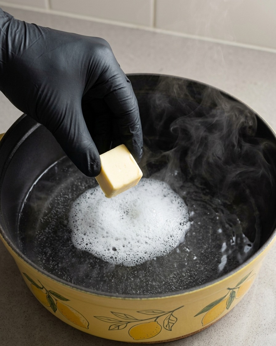 A gloved hand dropping a cube of butter into a steaming black pot with a lemon-patterned exterior.