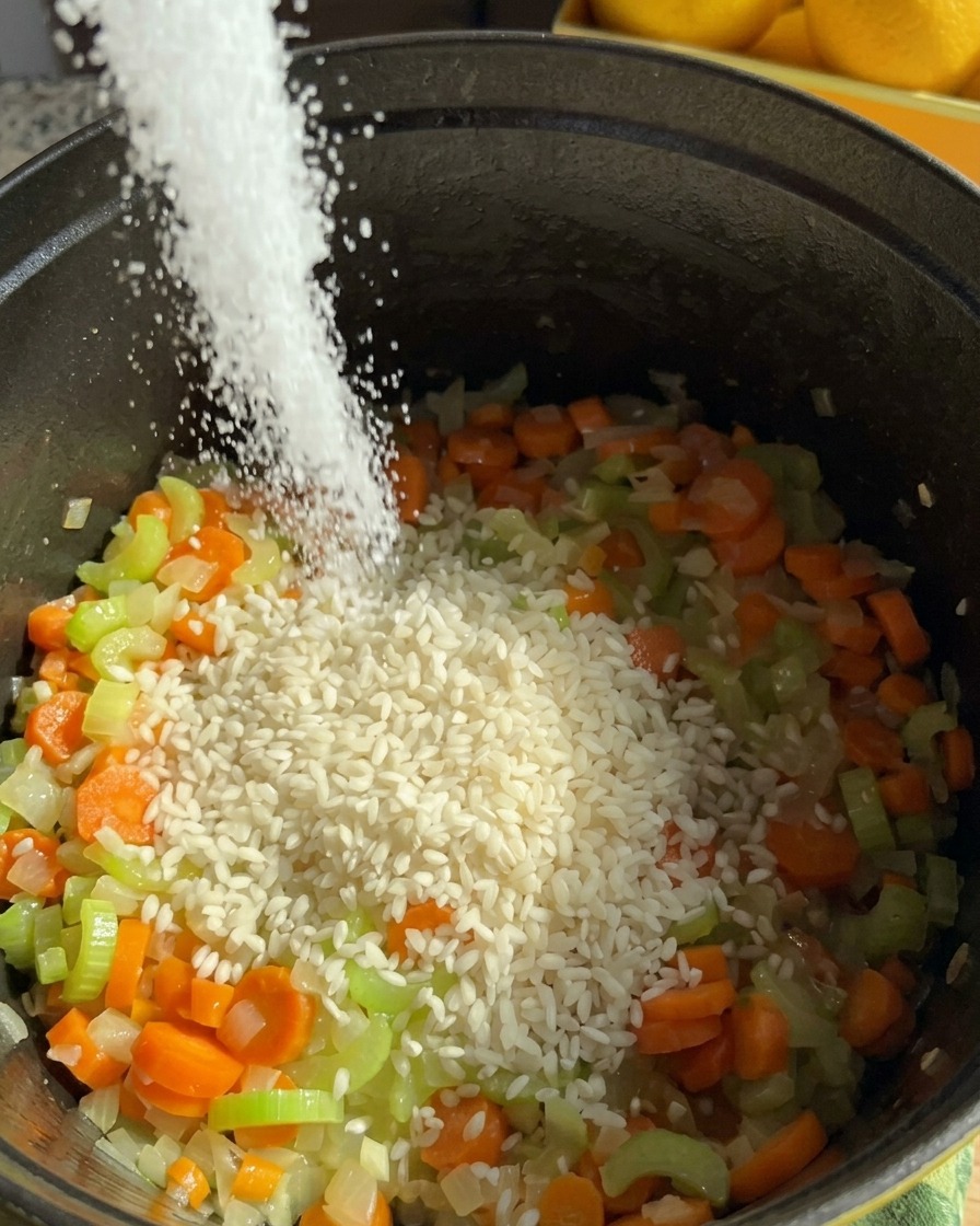 Fine salt being sprinkled over a pile of uncooked jasmine rice and chopped vegetables in a black cooking pot.