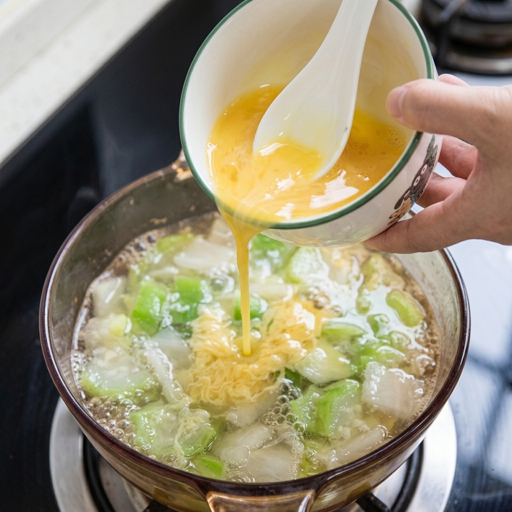 Yellow beaten egg being poured from a small bowl into a pot of soup containing okra, forming delicate strands in the hot liquid.