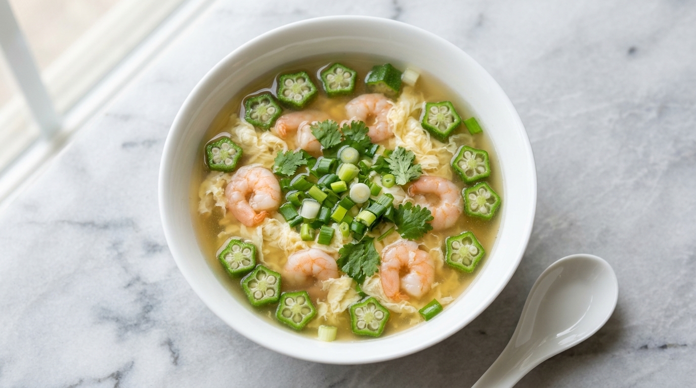 A bowl of okra and shrimp egg drop soup with star-shaped okra slices and wispy egg ribbons.
