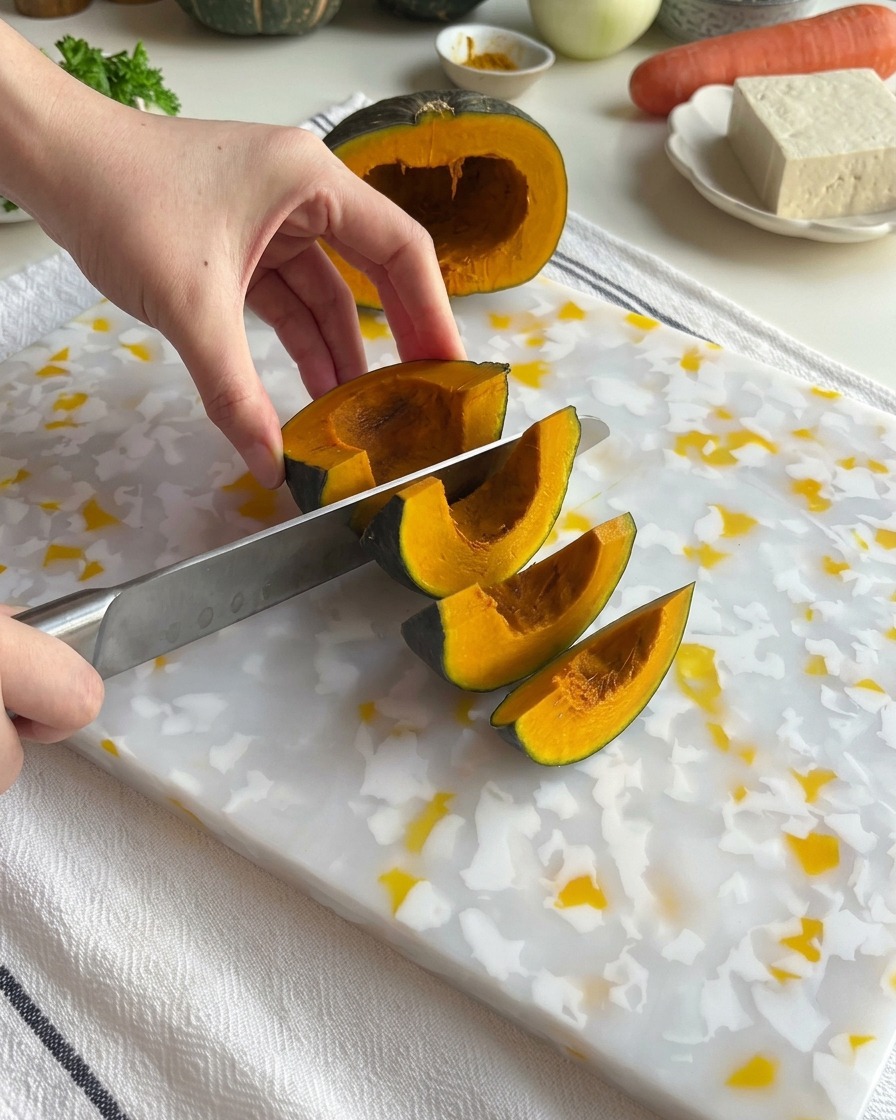 Hands using a knife to cut a green-skinned pumpkin into chunks on a marble cutting board.
