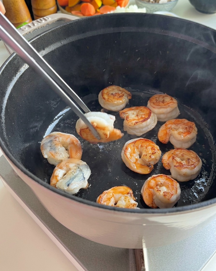A pair of metal tongs lifting a seared pink shrimp from a black pot and placing it onto a white plate.