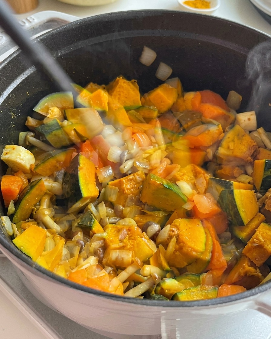 A black spatula stirring chunks of pumpkin, carrots, and mushrooms seasoned with turmeric in a pot.