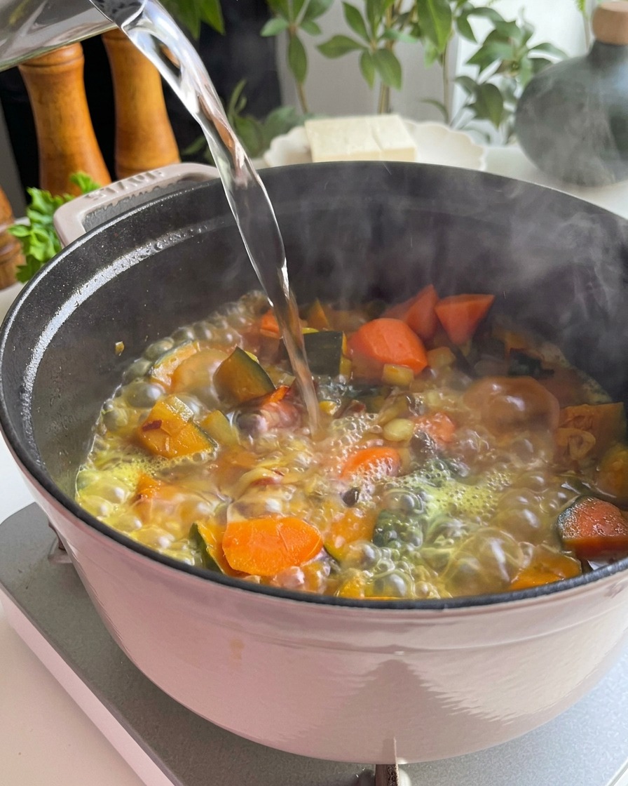 Pouring hot water from a glass pitcher into a pot of vegetables to simmer.