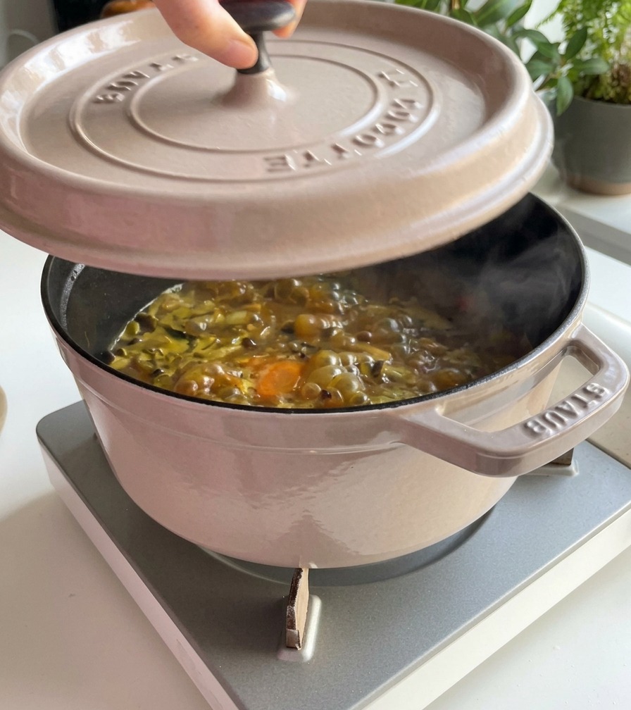 Fresh green broccoli florets being dropped into a bubbling pot of orange soup.