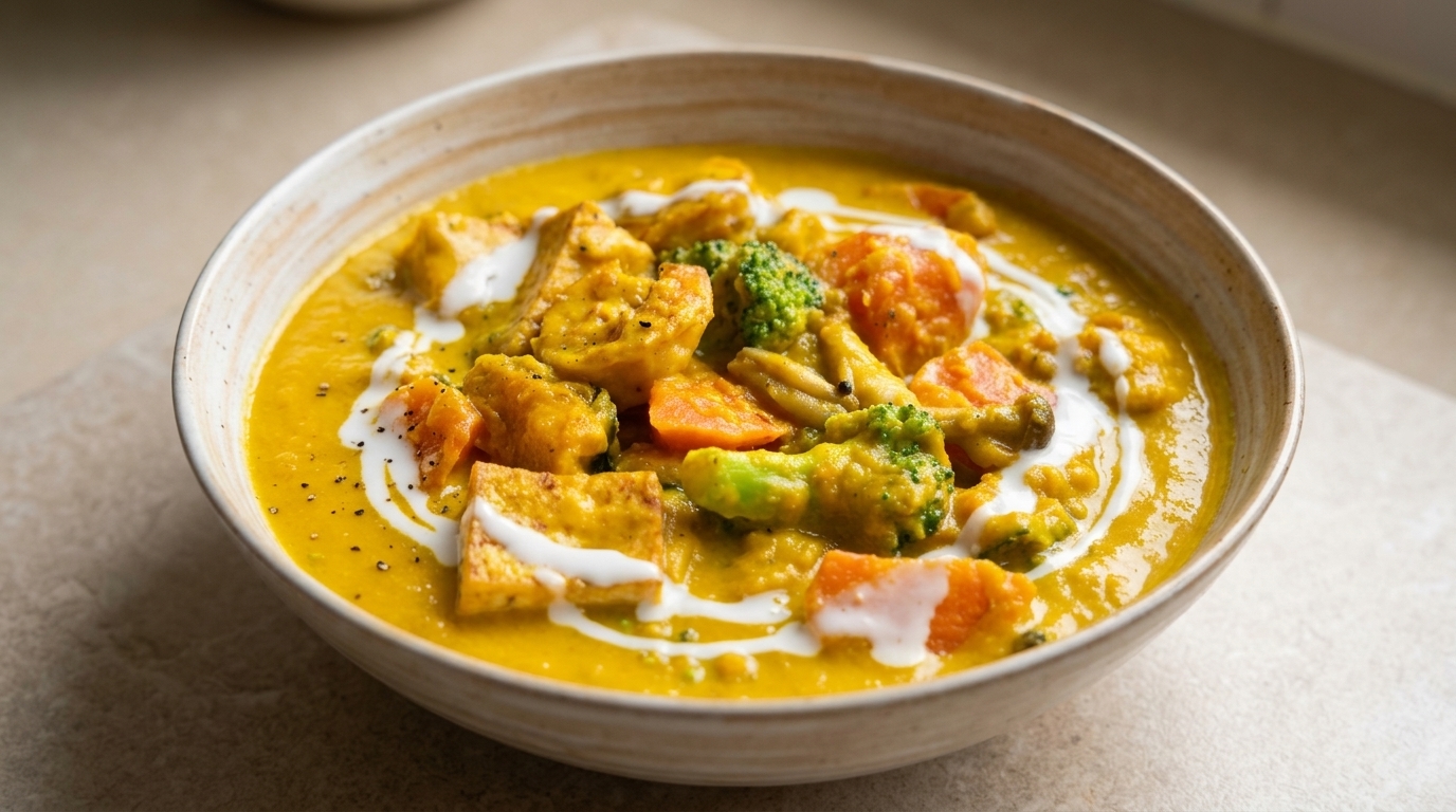 Creamy Pumpkin Shrimp Soup with Crispy Tofu