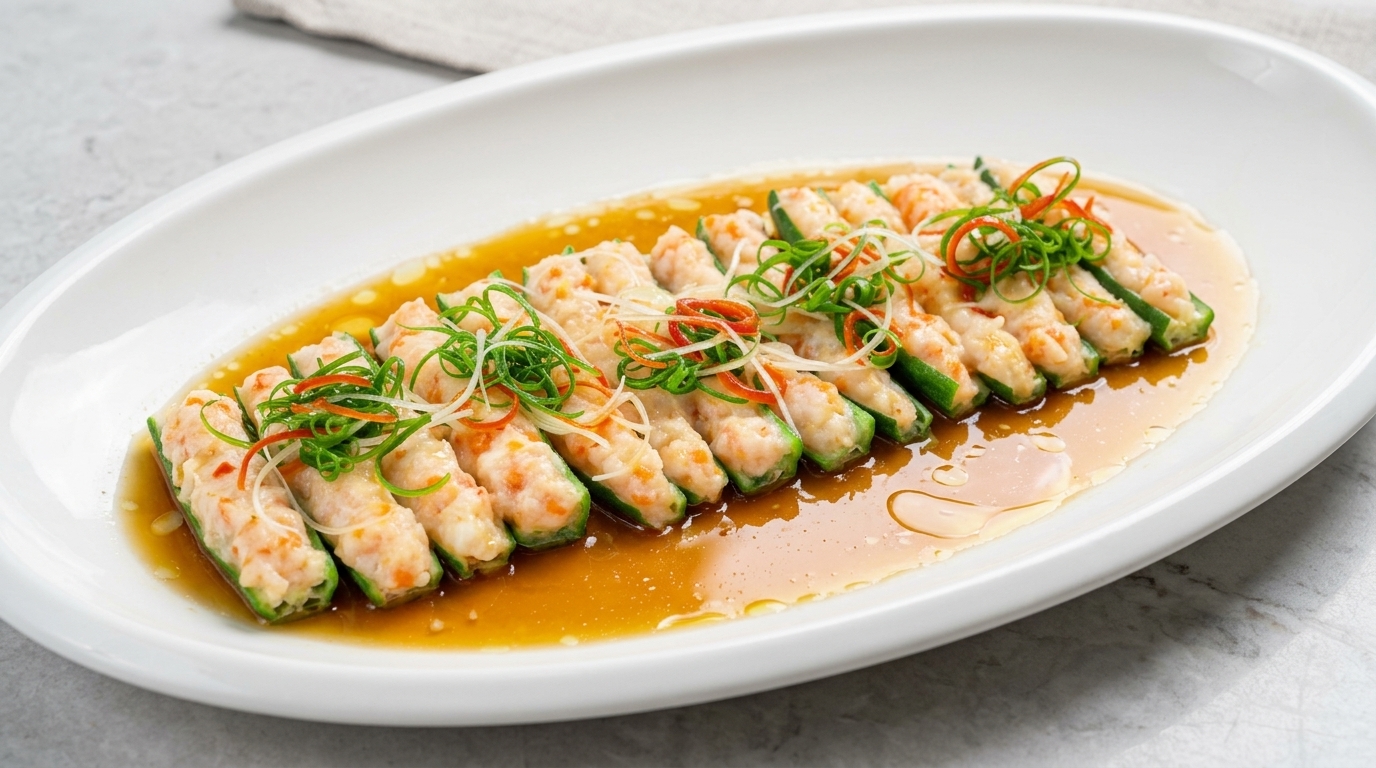 Steamed Shrimp Stuffed Okra with Seasoned Soy Sauce