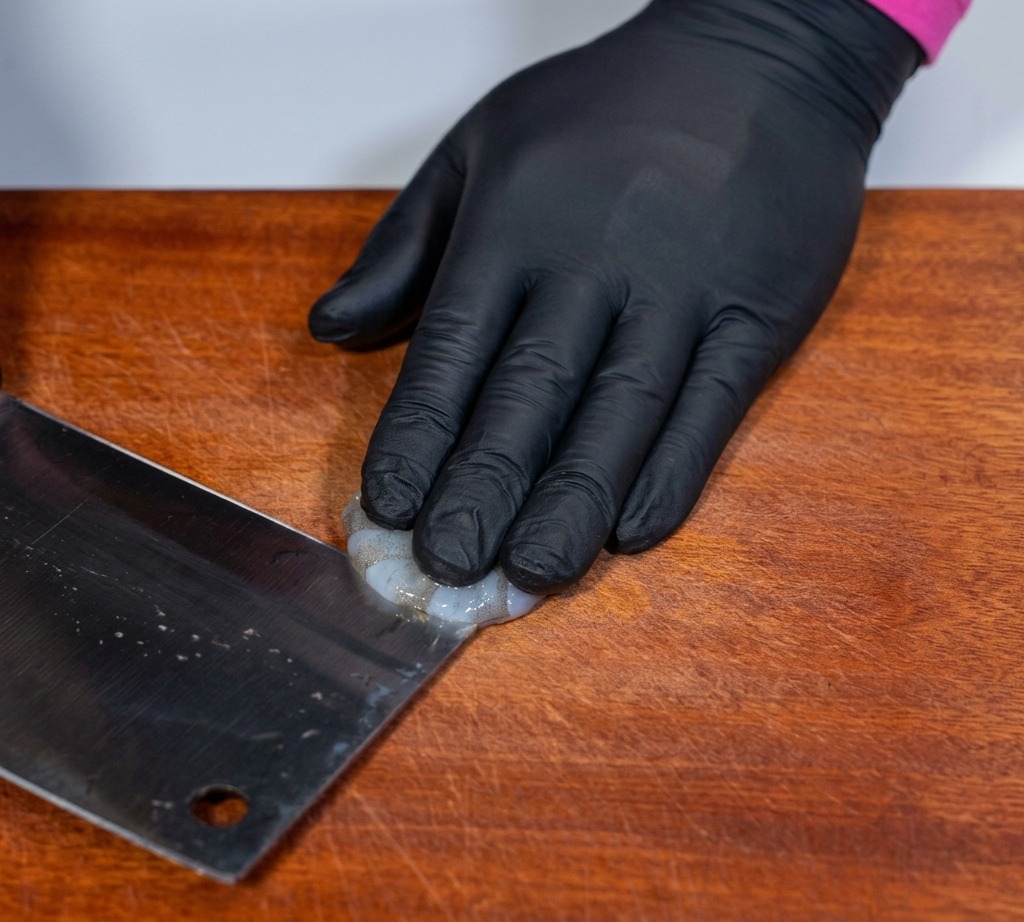 A cleaver being used to butterfly the back of a raw peeled shrimp to remove the digestive tract.