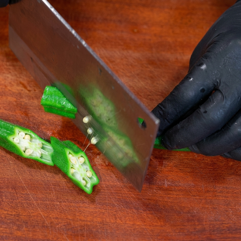 A gloved hand holding a large kitchen knife to slice bright green okra pods into diagonal sections on a wooden cutting board.