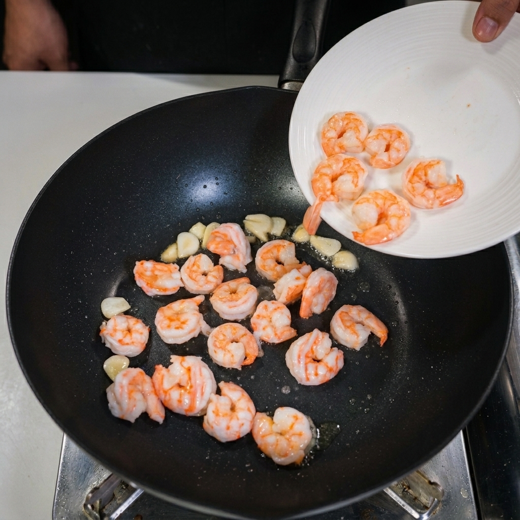 Cooked pink shrimp being poured from a white plate into a black wok containing sautéed garlic slices.