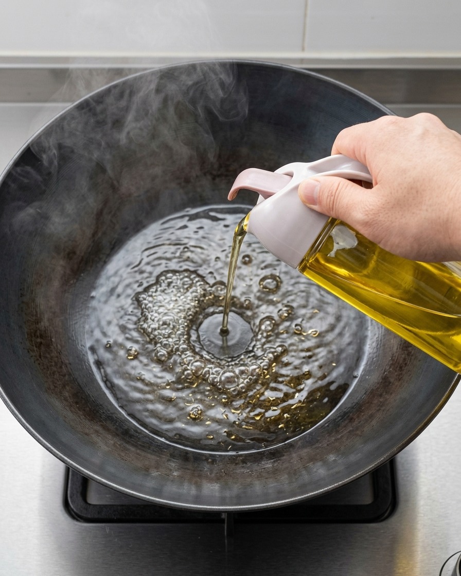 Cooking oil being poured from a glass dispenser into a pot of boiling water, preparing to blanch the okra.