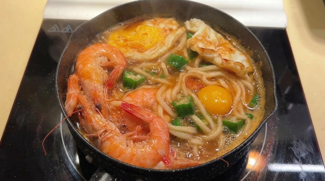 Fresh Shrimp and Okra Noodle Soup with Fried Eggs