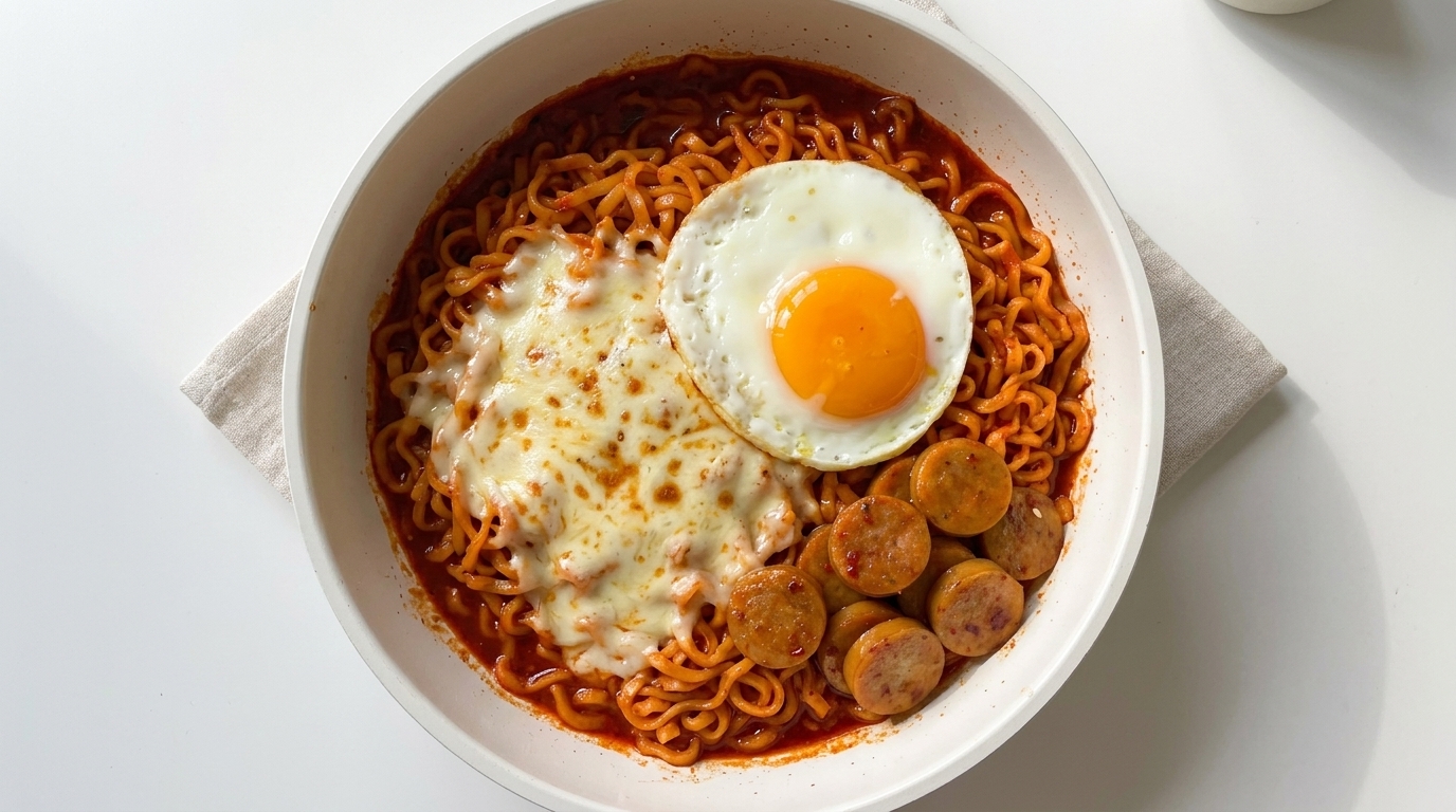 Creamy Cheese Fire Chicken Noodles with Sausage & Egg