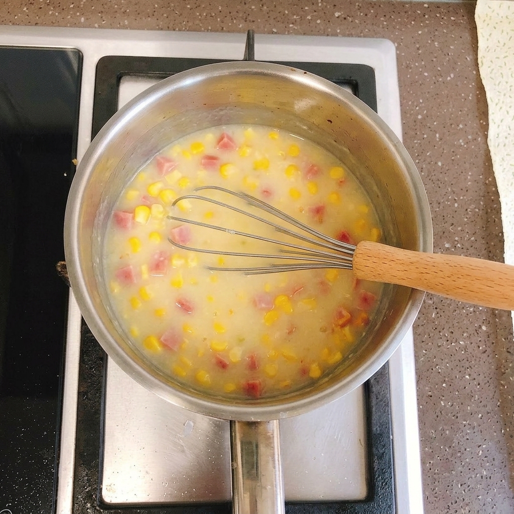 A close up view of thick yellow soup bubbling gently in a stainless steel pot on a stove.