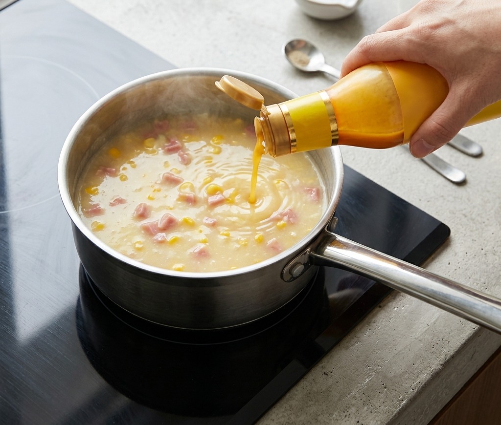Concentrated chicken juice being poured from a yellow bottle into a pot of thick creamy soup.