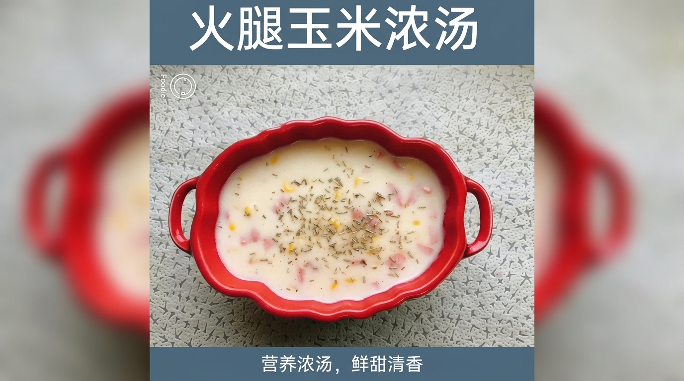 A vibrant red scalloped bowl filled with thick, creamy corn soup, garnished with diced ham and dried rosemary.