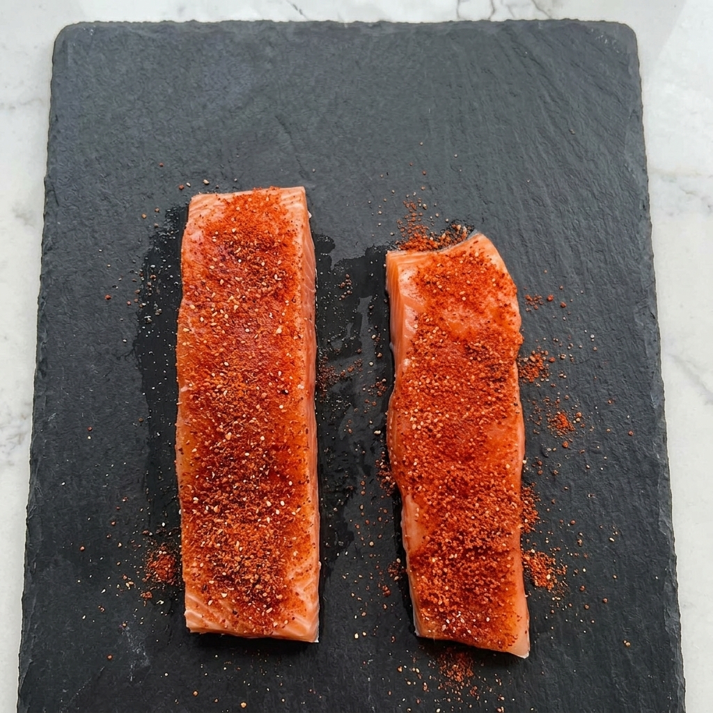 Two raw salmon fillets heavily coated with a red spice rub, laying on a dark slate cutting board.
