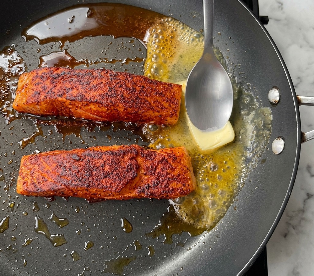 A metal spoon pouring melted, bubbling butter over two seared salmon fillets in a skillet.