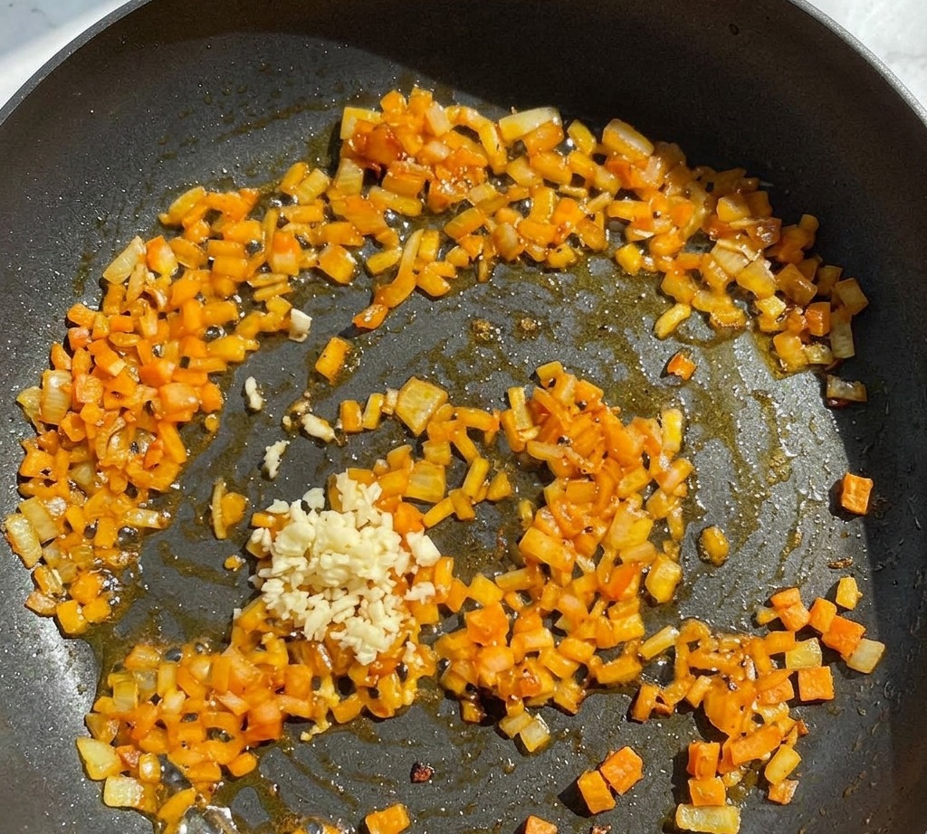 A pile of minced garlic added to a skillet containing sautéed onions and small orange vegetable pieces.