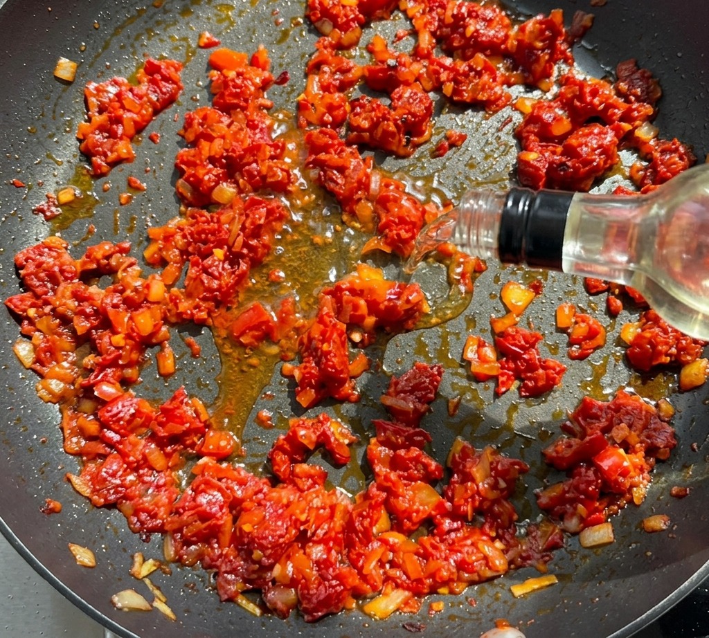 White wine being poured from a clear bottle into a frying pan containing a sautéed base of red sun-dried tomatoes and onions.