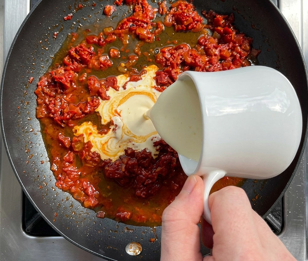 Heavy cream being poured from a white pitcher into a pan of simmering red sauce, creating swirls of white and orange.