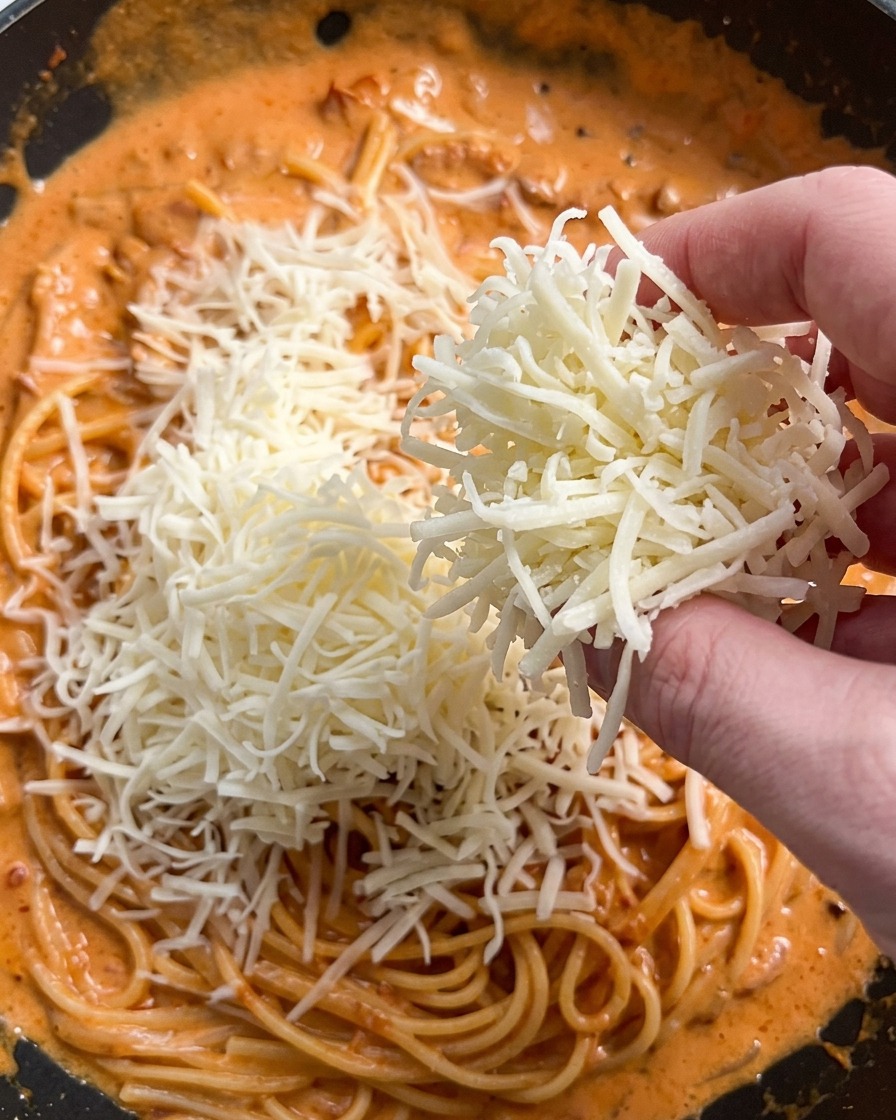 A hand sprinkling shredded white parmesan cheese over a large pan of creamy pasta.
