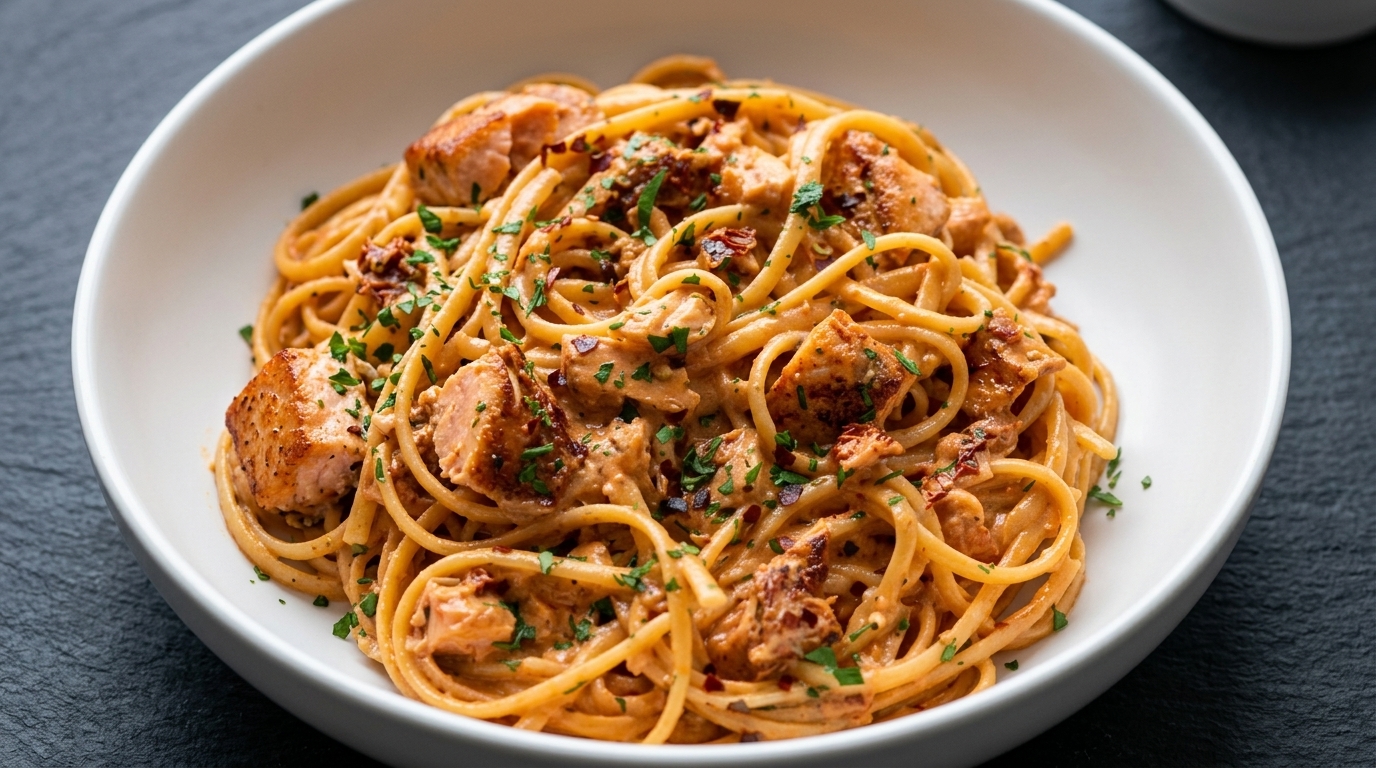 Creamy Sun-Dried Tomato and Spicy Salmon Pasta