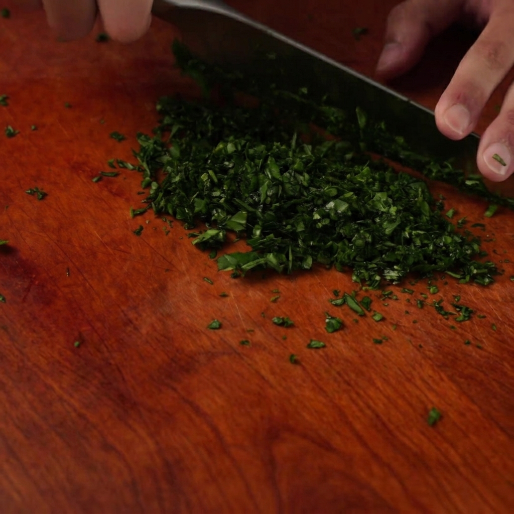 A pile of finely chopped fresh green basil leaves on a wooden cutting board.