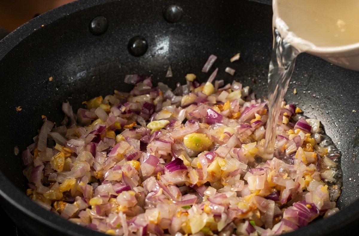 Clear chicken stock being poured from a bowl into a black pan containing sautéed red onions and garlic.