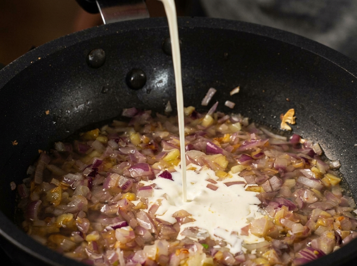 A steady stream of heavy cream being poured into a black skillet containing sautéed red onions and light chicken broth.