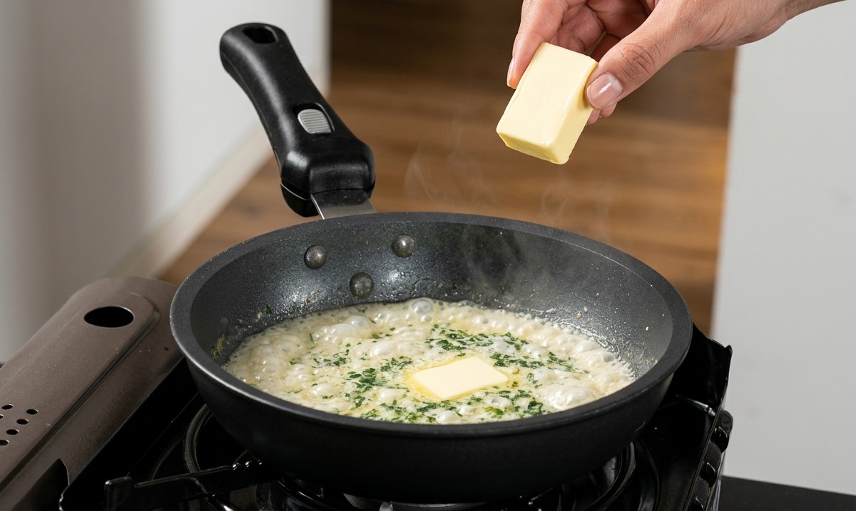 A hand holding a block of yellow butter over a bubbling creamy herb sauce in a black frying pan.