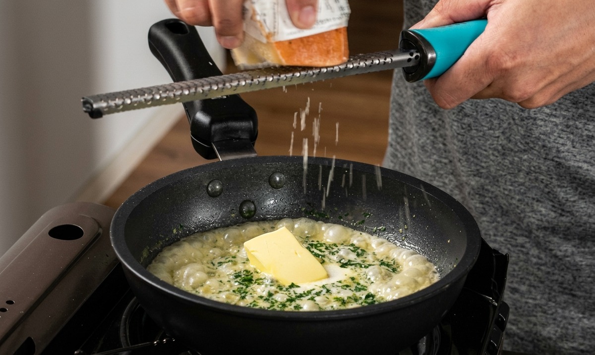 A person using a handheld grater to add cheese over a simmering white pasta sauce in a skillet.