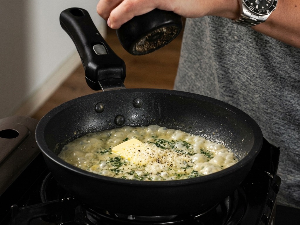 A person using a black pepper mill to season a bubbling creamy herb sauce in a pan on the stove.