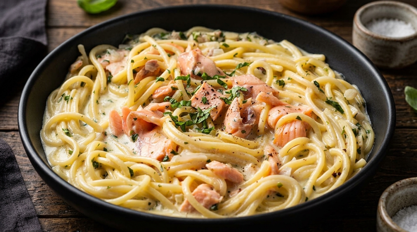 A pan of creamy spaghetti with rich white sauce and flakes of pink smoked salmon topped with fresh basil.