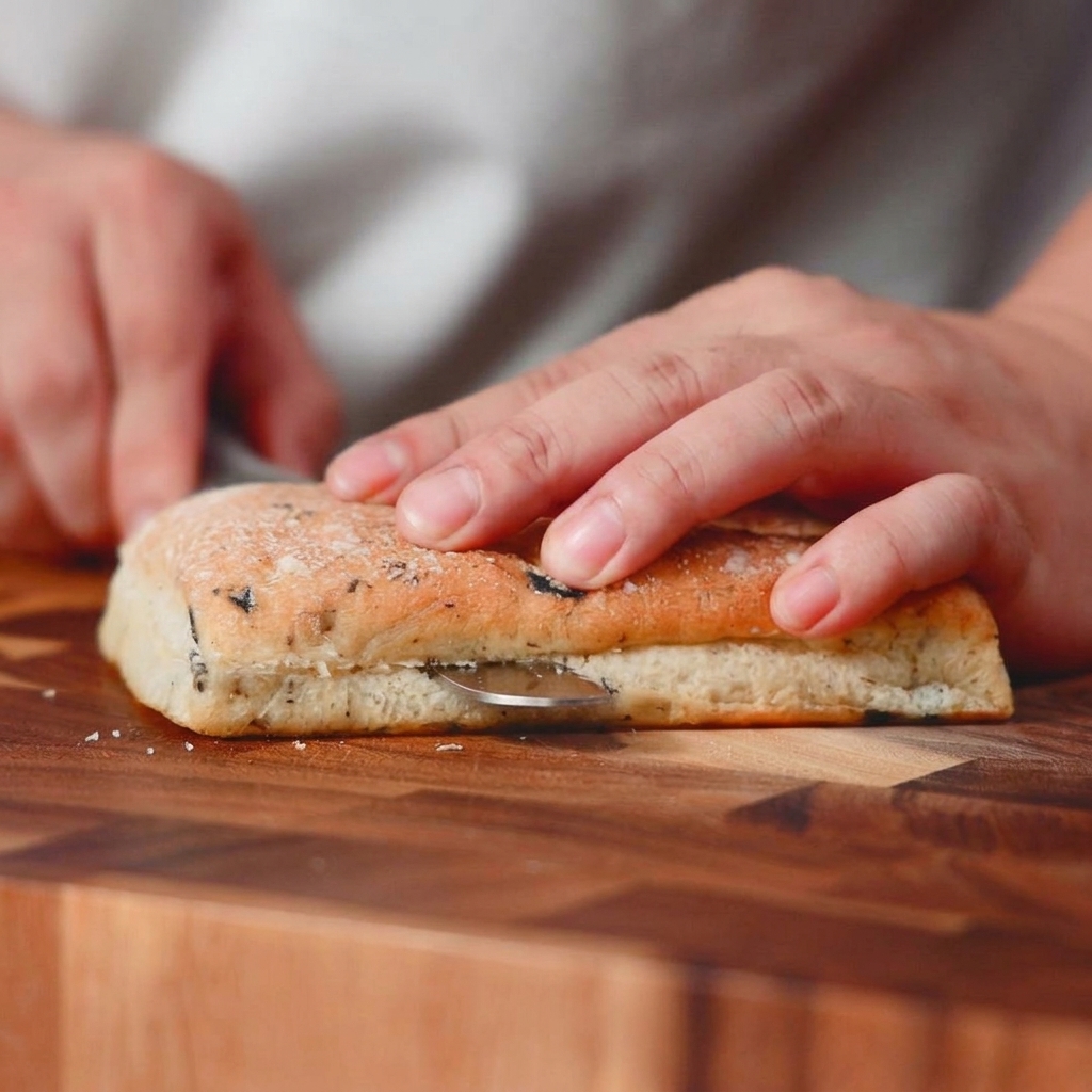 A persons hand holding a loaf of ciabatta bread steady while slicing it horizontally with a knife on a wooden board.