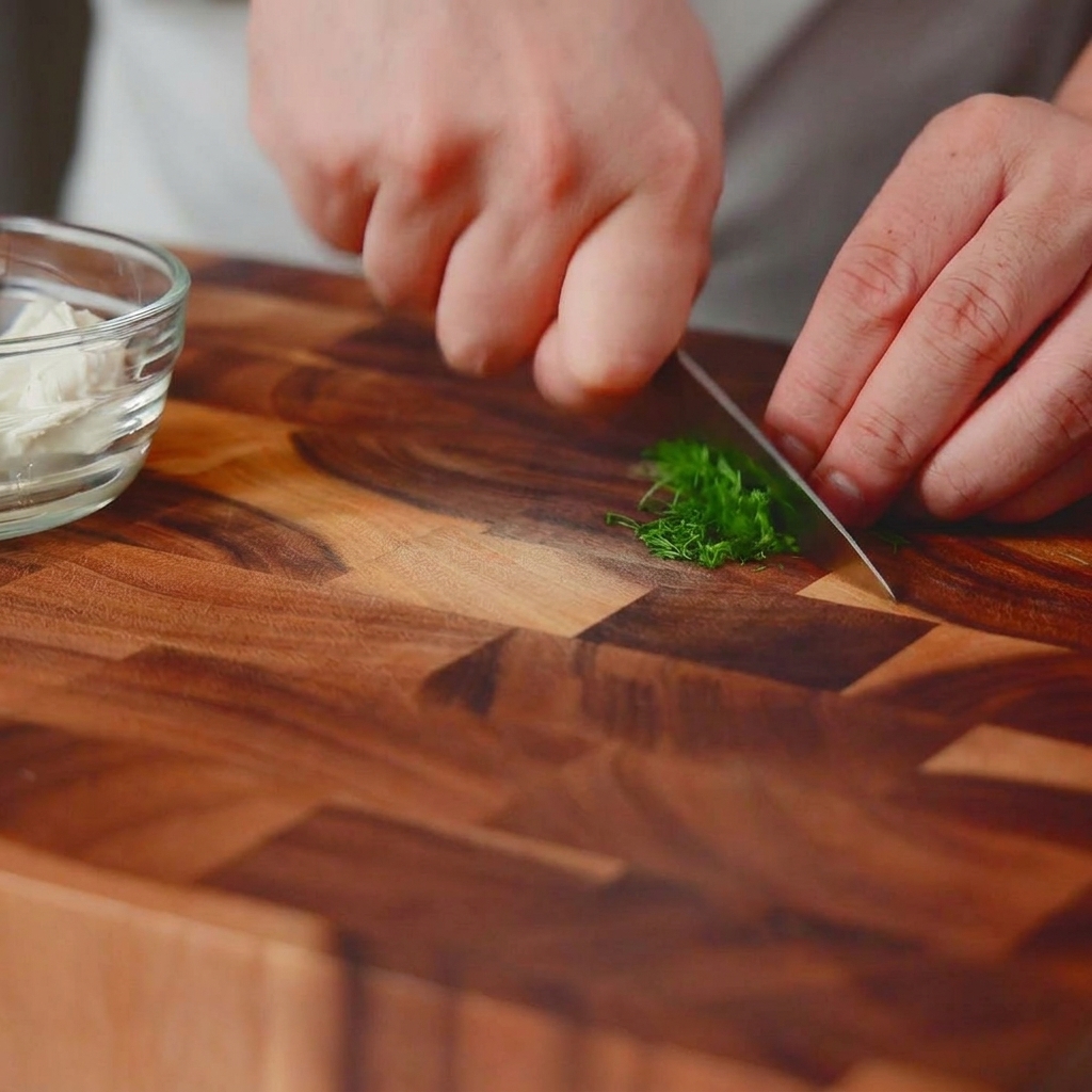 A chefs knife finely mincing a pile of fresh green dill on a dark wood cutting board.