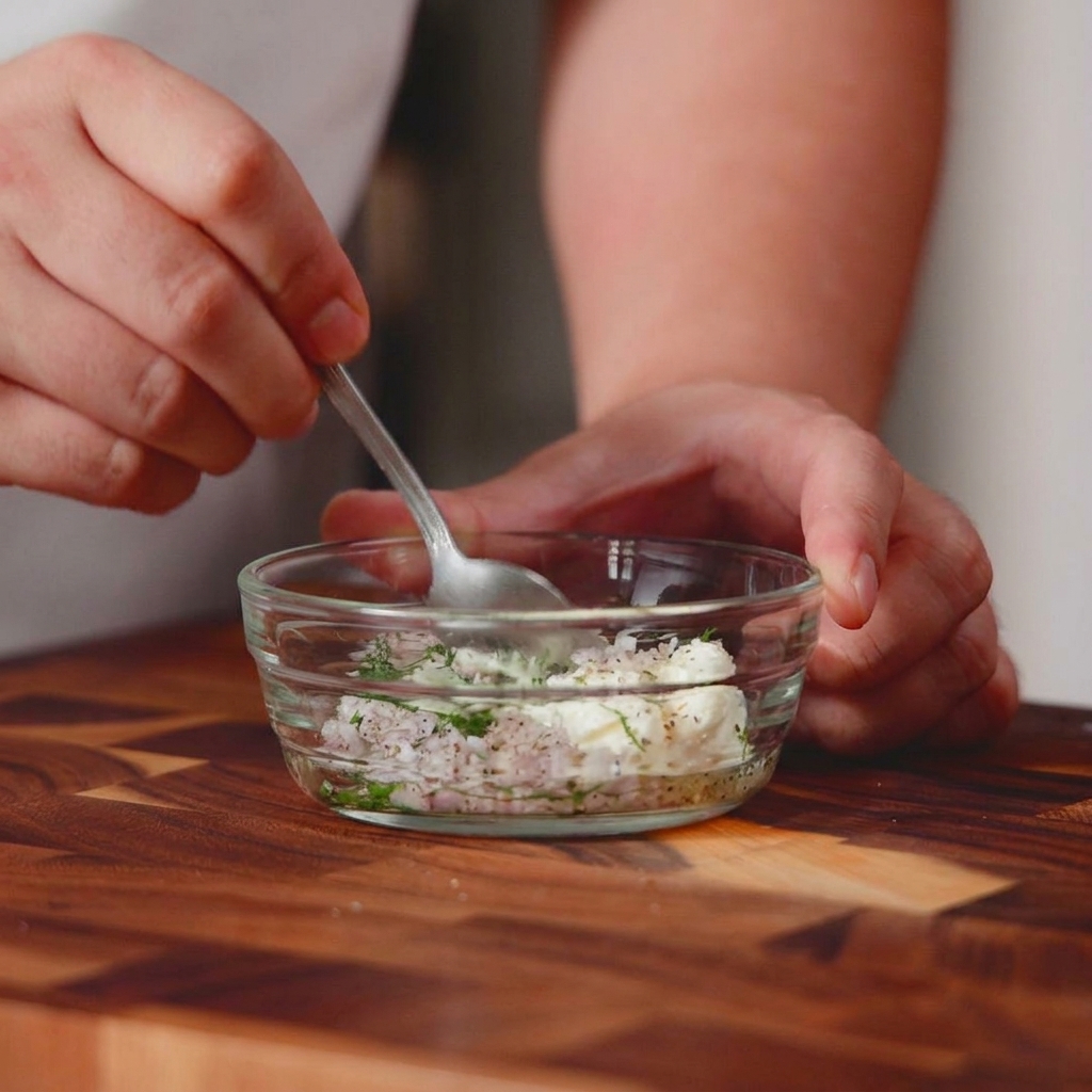 A small glass bowl containing cream cheese, chopped shallots, and herbs being mixed together with a metal spoon.