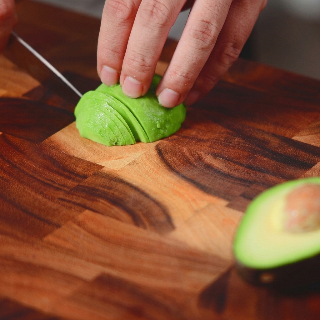 Close-up of a hand using a knife to create thin, even slices of a bright green avocado on a wooden board.
