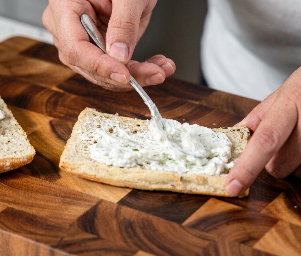 A close-up shot of a hand using a spoon to spread a thick layer of white herbed cream cheese onto a slice of toasted artisanal bread.