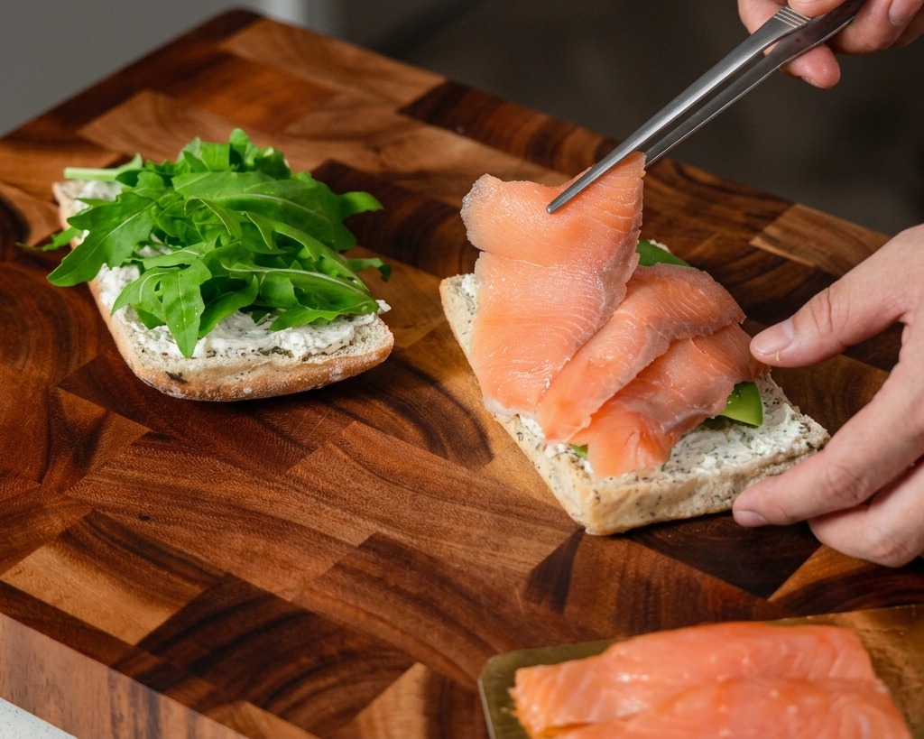 A person using silver kitchen tweezers to arrange delicate folds of smoked salmon on a sandwich already topped with greens and avocado.