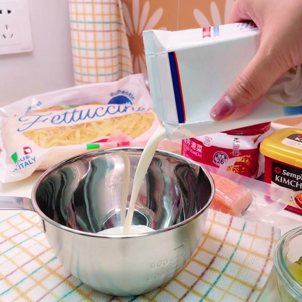 Milk being poured from a white carton into a metal bowl filled with red spice paste and seasonings.