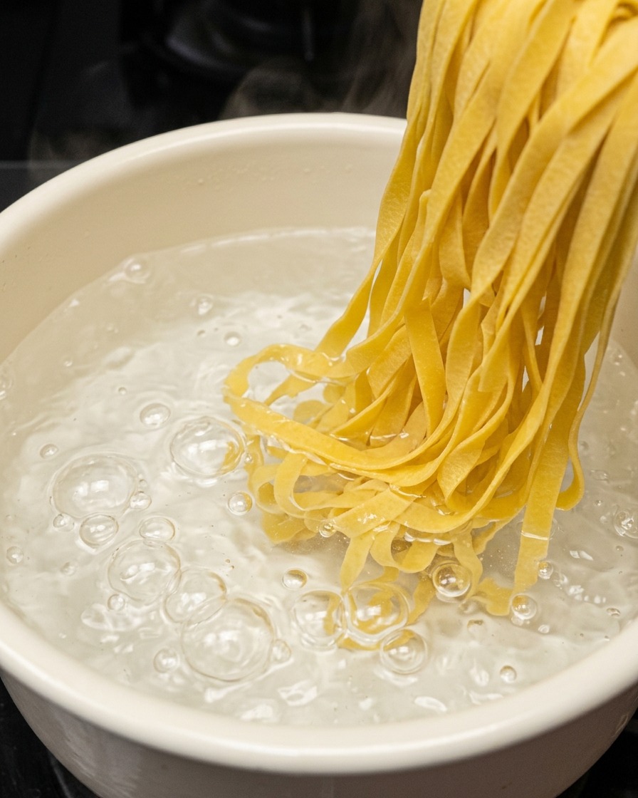 Yellow fettuccine pasta being submerged into a pot of bubbling boiling water.