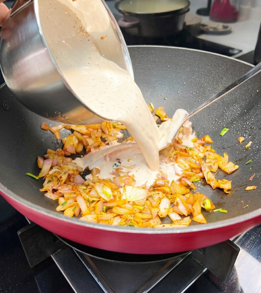 A light pink cream sauce being poured from a stainless steel bowl into a wok containing sautéed onions and aromatics.