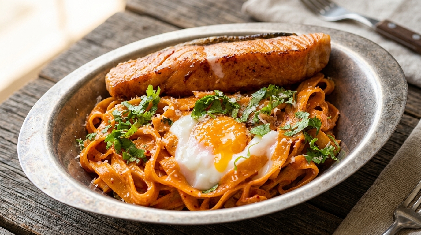 Low-Fat Salmon & Kimchi Spicy Cream Pasta with Onsen Egg