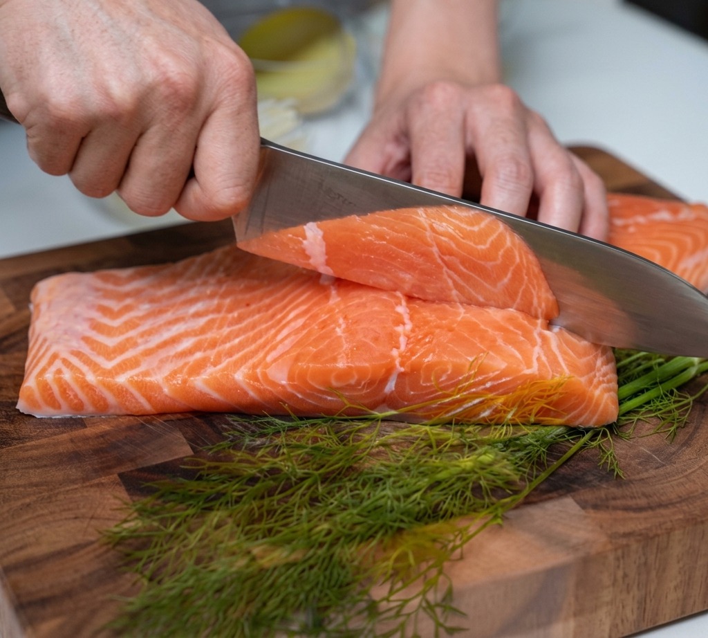 Hands using a sharp knife to slice a fresh, raw salmon fillet into uniform cubes on a wooden cutting board.