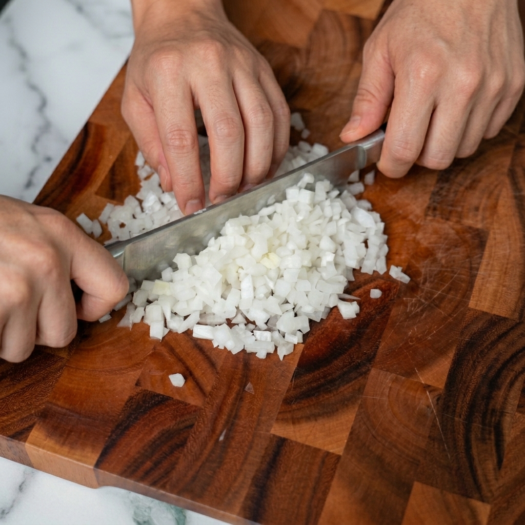 Hands finely dicing a white onion into small, uniform cubes on a dark wood cutting board.