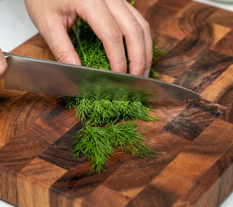 Fresh green dill being finely chopped with a large knife on a wooden board.