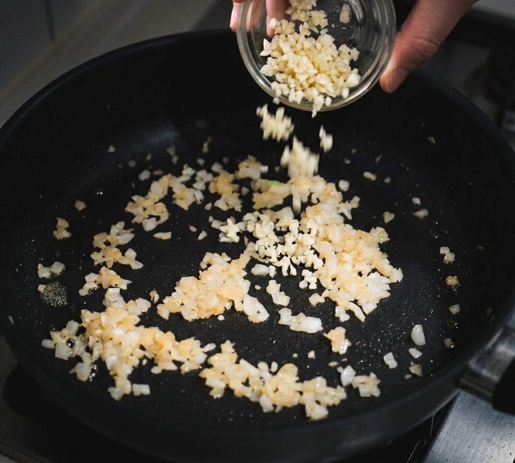 Minced garlic being poured from a small glass bowl into a pan containing sautéed onions.