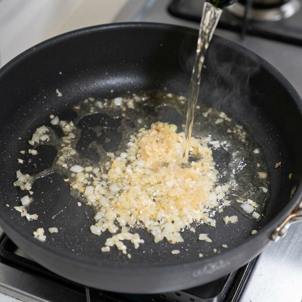 A stream of white wine being poured into a pan to deglaze the onions and garlic.