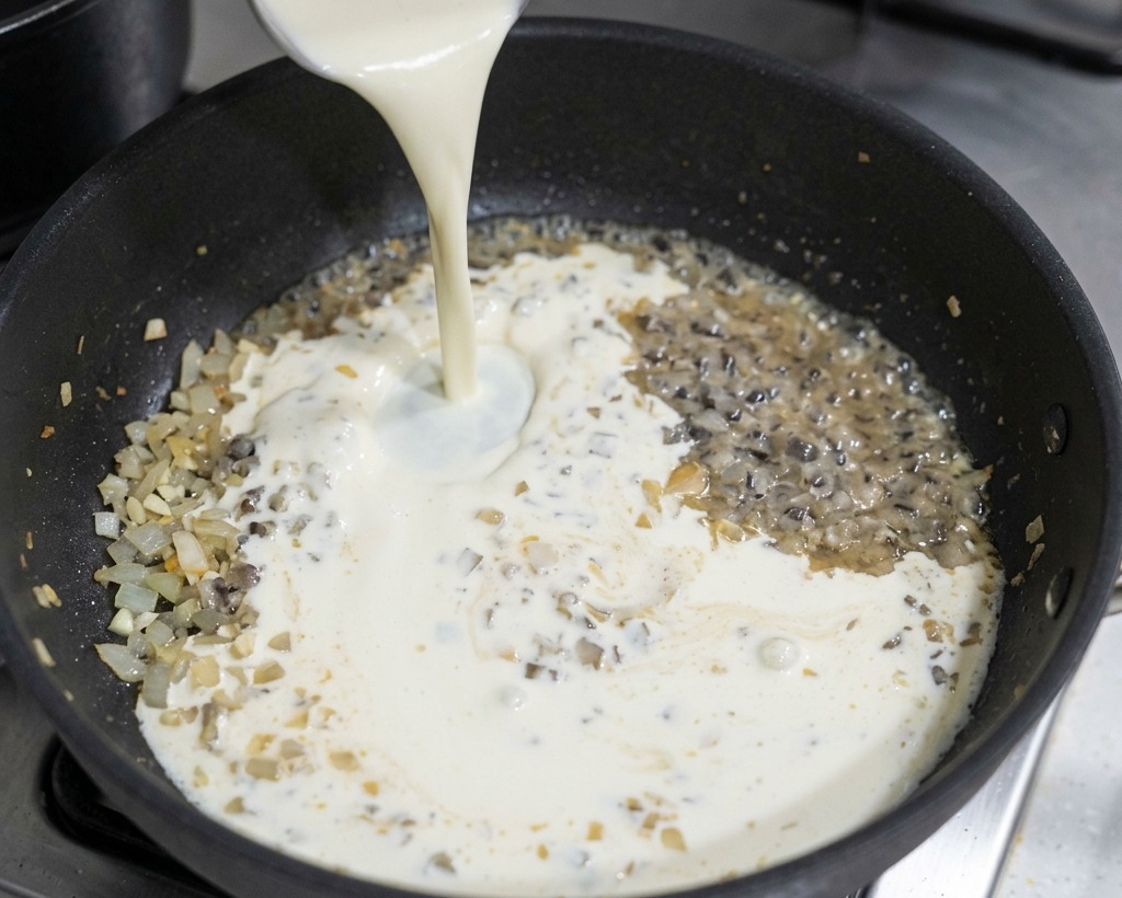 Heavy cream being poured into a black frying pan containing sautéed onions and wine to create a white sauce.
